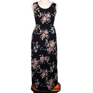 VTG 90s Maxi Dress Womens XL Black Floral Stretch Pockets Boho Dark Romantic